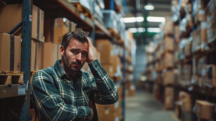 Trabajador cansado sosteniendo la cabeza con dolor mientras trabaja en un almacén de distribución