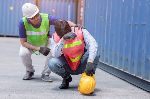 Foto trabajador cansado triste por el estrés de trabajar duro con el apoyo de un amigo.