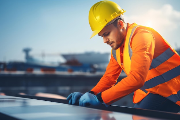 Foto trabajador con casco amarillo y chaleco naranja arreglando la cubierta del techo