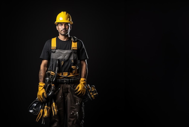 Trabajador con casco amarillo y ropa de trabajo sobre un fondo negro