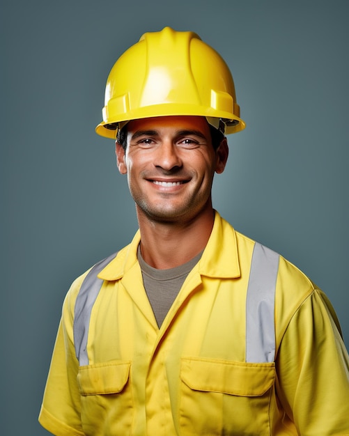 Trabajador con casco amarillo sonriendo Foto de estudio día del trabajo