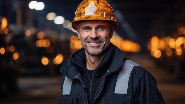 Trabajador con casco y chaleco de seguridad naranja en la parte delantera del sitio de construcción