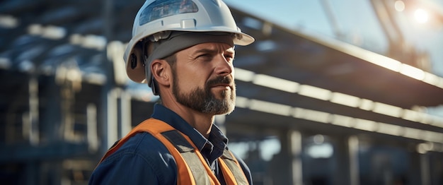 Trabajador con casco y chaleco de seguridad naranja en la parte delantera del sitio de construcción