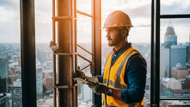 un trabajador con un casco duro está de pie frente a un edificio con una grúa en el fondo