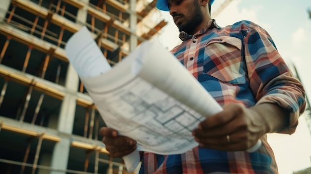 Trabajador con casco examina el plano en el sitio de construcción AIG41