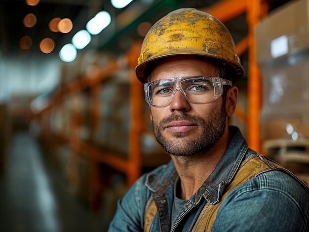 Trabajador con casco y gafas en un sitio de construcción