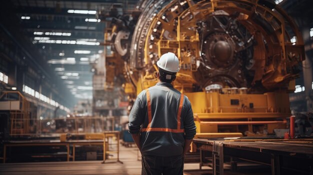 Foto trabajador con casco con maquinaria en un entorno industrial