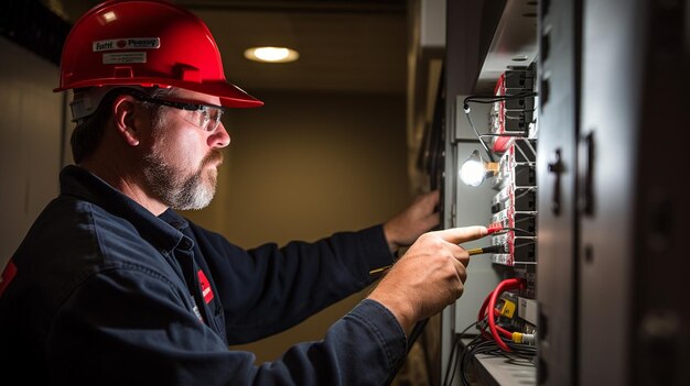 Foto trabajador con casco rojo hace mediciones eléctricas