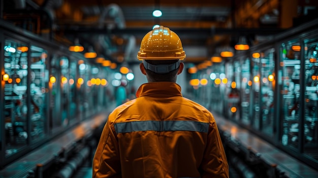 Trabajador con casco de seguridad comprueba el funcionamiento de la vieja máquina con control remoto