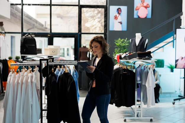 Trabajador caucásico revisando el inventario de ropa en una tableta, mirando productos de moda en perchas. Empleado de la sala de exposición revisando la lista de descuentos en el dispositivo en el centro comercial