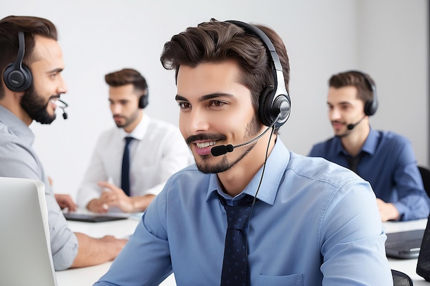 Trabajador del centro de llamadas con auriculares en la oficina