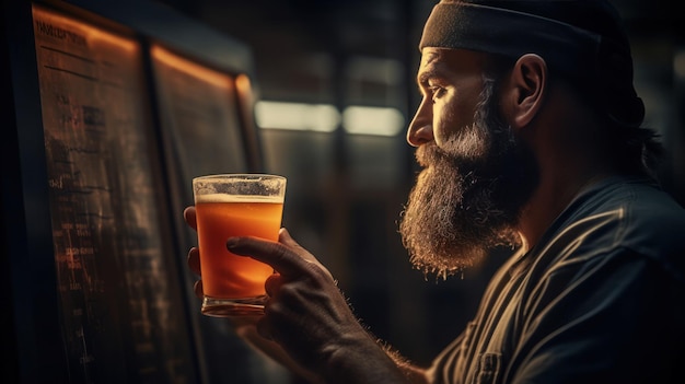 Trabajador de una cervecería barbudo de primer plano inspeccionando la cerveza en un vaso