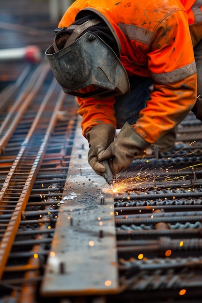 Foto un trabajador con un chaleco naranja está trabajando en un sitio de construcción