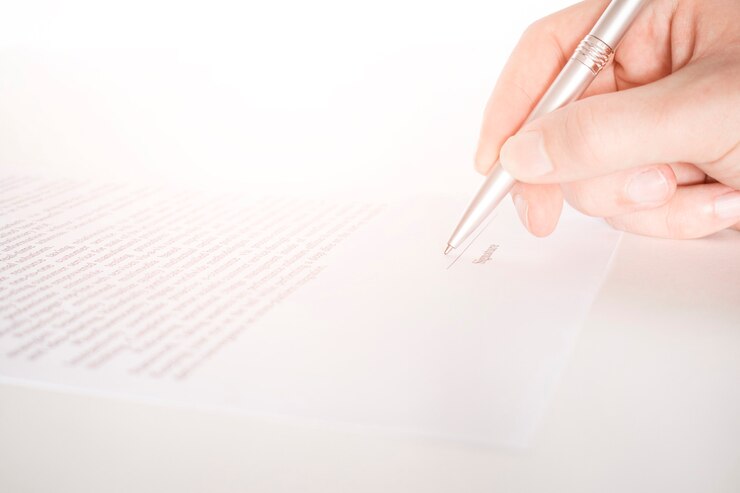 Trabajador comercial que firma el contrato para concluir un trato