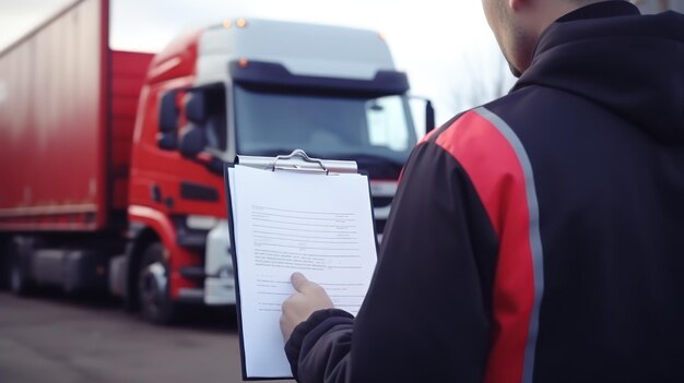 Trabajador comprobando el documento delante del camión en el patio para el negocio de importación-exportación