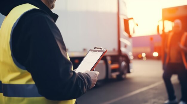 Foto trabajador comprobando el documento delante del camión en el patio para el negocio de importación-exportación