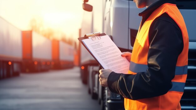 Trabajador comprobando el documento delante del camión en el patio para el negocio de importación-exportación