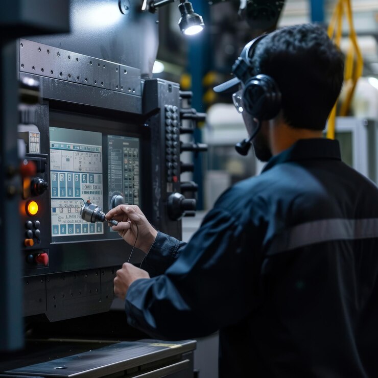 Trabajador comprobando el estado de una fresadora CNC en una pantalla conectada a la máquina