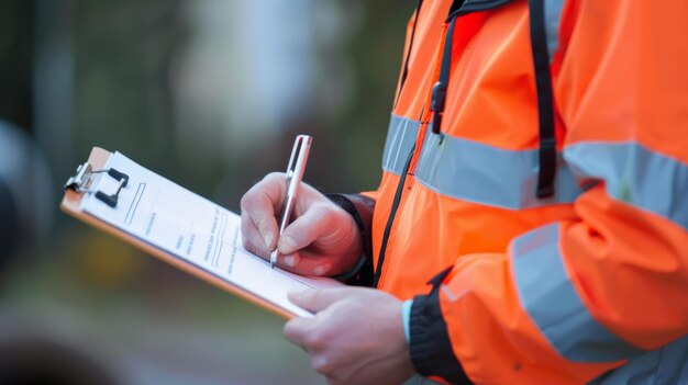 Foto un trabajador concentrado con equipo de alta visibilidad toma notas diligentemente en un clipboard