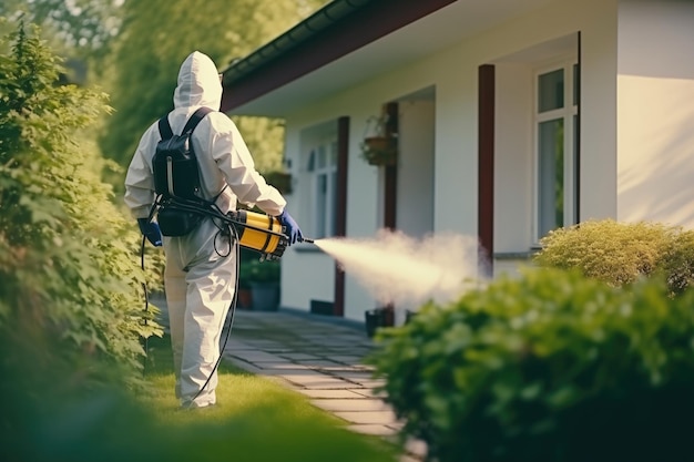 Trabajador confiado en el control de plagas listo para hacer frente a las plagas Trabajador rocia pesticidas fuera de la casa para la plaga C