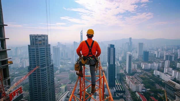 Trabajador de la construcción admirando el paisaje de la ciudad desde el techo de un rascacielos