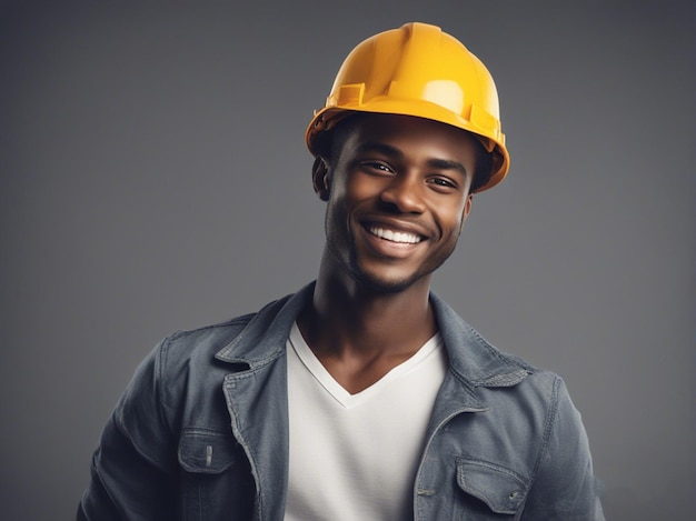 Foto trabajador de la construcción afroamericano sonriente con un sombrero amarillo