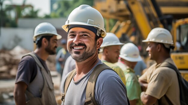 Trabajador de la construcción alegre hombre de mediana edad al aire libre con casco blanco protector al aire libre en co