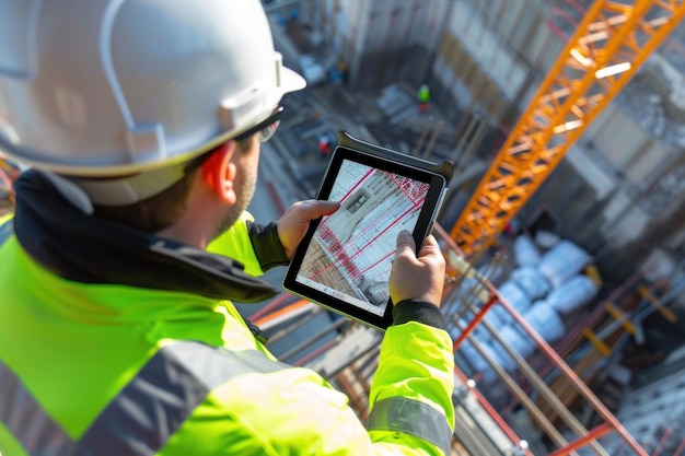 Foto trabajador de la construcción analizando planos en una tableta