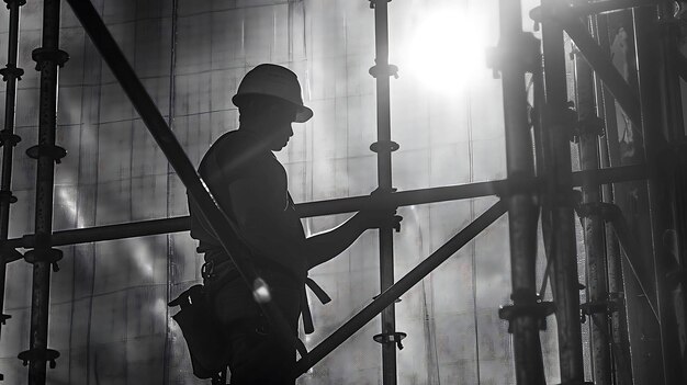 Trabajador de la construcción en un andamio iluminado por el sol