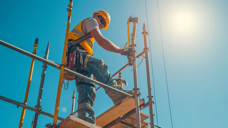 Trabajador de la construcción con una apariencia robusta que se pone un casco y equipo de seguridad con confianza