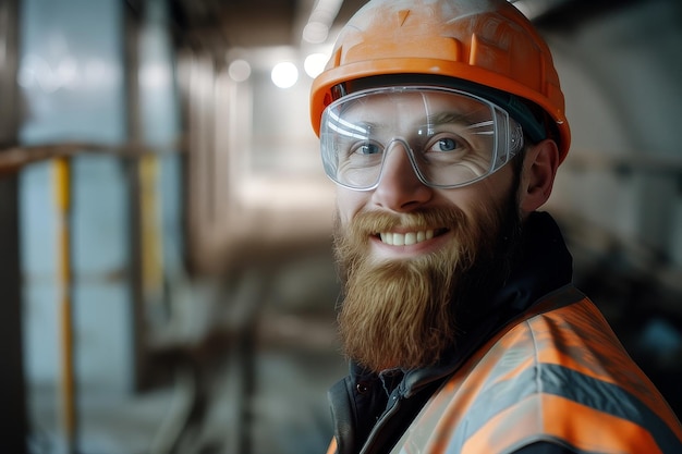 Foto trabajador de la construcción barbudo con casco y gafas de seguridad sonríe a la cámara