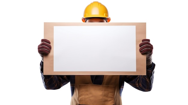 Trabajador de la construcción calificado sosteniendo un espacio de copia de signo vacío sobre un fondo blanco