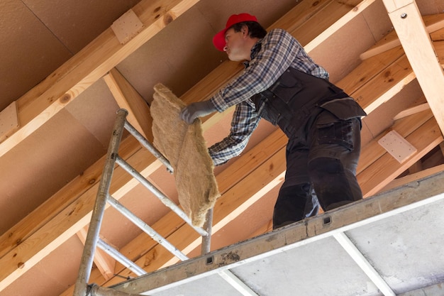 Trabajador de la construcción casa de estructura de madera ecológica aislante térmicamente