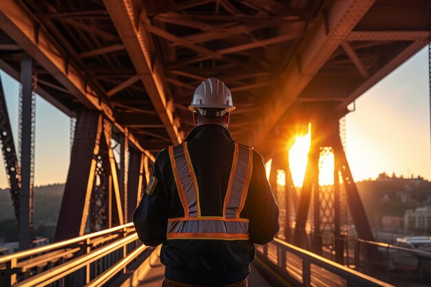 Foto un trabajador de la construcción con un casco amarillo mientras trabaja en la construcción de un puente