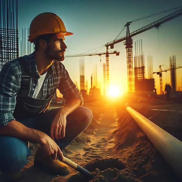 Trabajador de la construcción con un casco amarillo trabaja al atardecer generado por ai