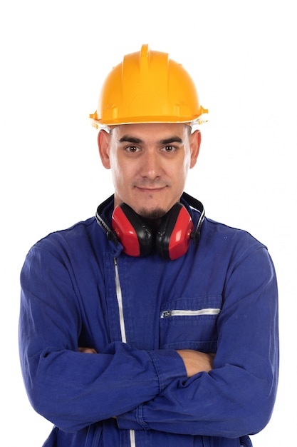 Foto trabajador de la construcción con casco amarillo