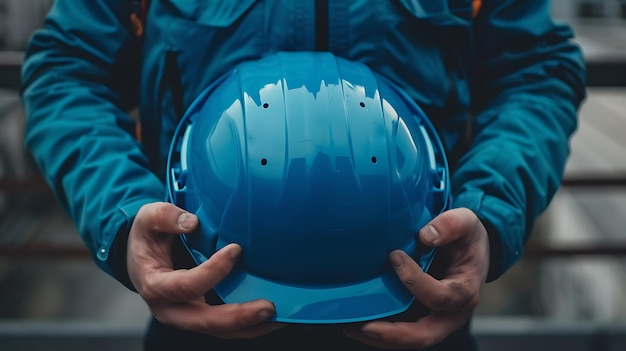 Foto trabajador de la construcción con un casco azul el casco es un símbolo de seguridad y protección