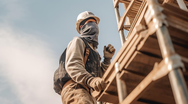 Un trabajador de la construcción con casco y casco trabaja en un sitio de construcción.