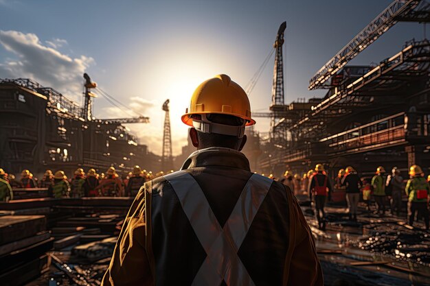 Trabajador de la construcción con casco y chaleco reflectante y trabajando actualmente en una obra de construcción de una autopista de alta velocidad. Generado con IA.