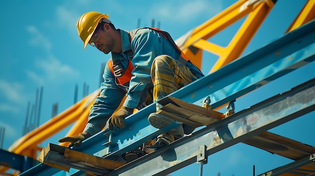 Un trabajador de la construcción con un casco y un chaleco de seguridad está trabajando en un edificio