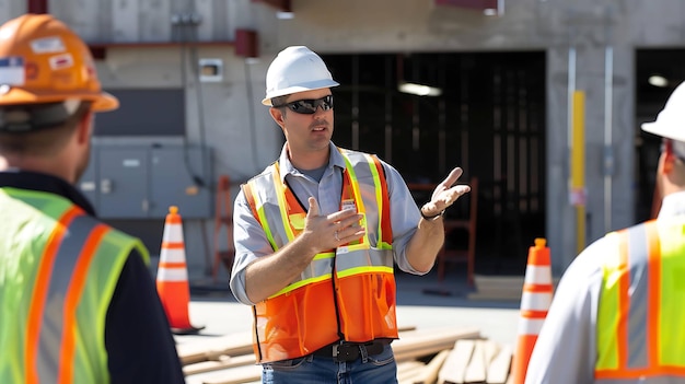 Trabajador de la construcción con casco y chaleco de seguridad hablando con su equipo en un sitio de construcción