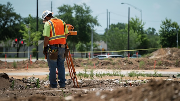 Foto un trabajador de la construcción con un casco y un chaleco de seguridad usa un instrumento de topografía para medir la elevación de un sitio de construcción