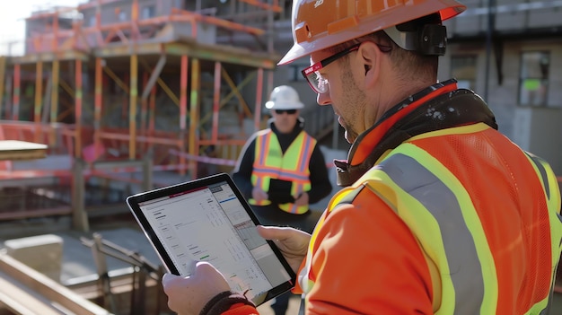 Trabajador de la construcción con casco y chaleco de seguridad usa una tableta en un sitio de construcción En el fondo otro trabajador está caminando