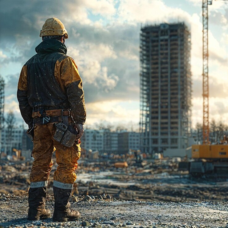 Trabajador de la construcción con casco de construcción y uniforme en el sitio de construcción
