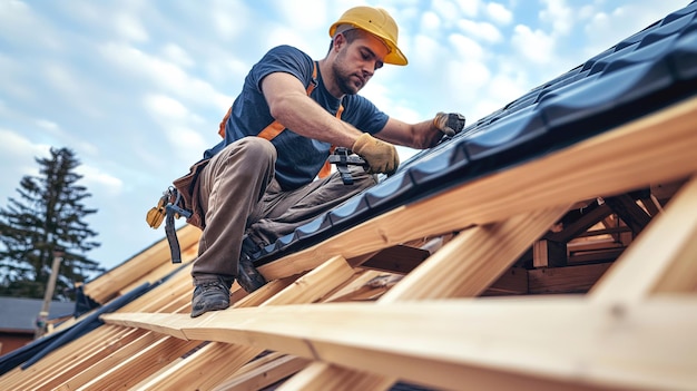 Trabajador de la construcción con casco y equipo de seguridad instalando materiales de techo en un marco de techo de madera