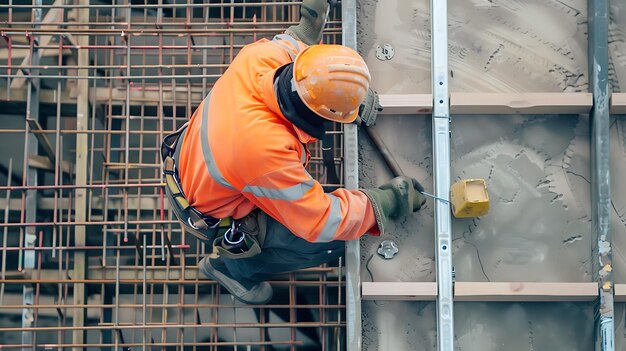 Trabajador de la construcción con casco y equipo de seguridad trabaja en un encofrado de hormigón de un edificio