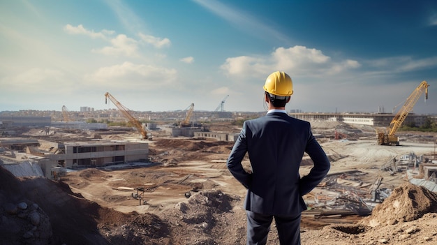 trabajador de la construcción con casco frente al sitio de construcción Ilustración generativa de IA