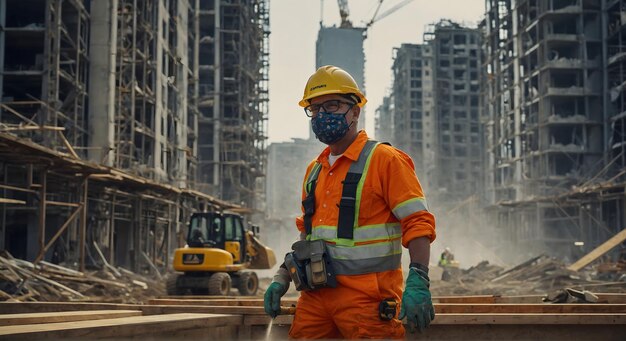 Foto un trabajador de la construcción con casco y máscara está en un sitio de construcción