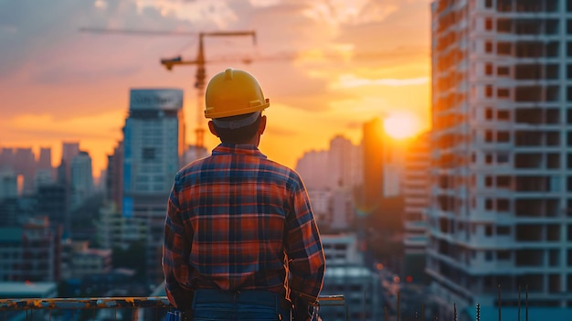 Trabajador de la construcción con un casco y mirando la puesta de sol sobre la ciudad