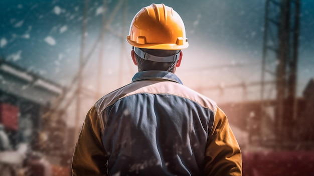 Foto un trabajador de la construcción con casco protector paisaje urbano ia generativa